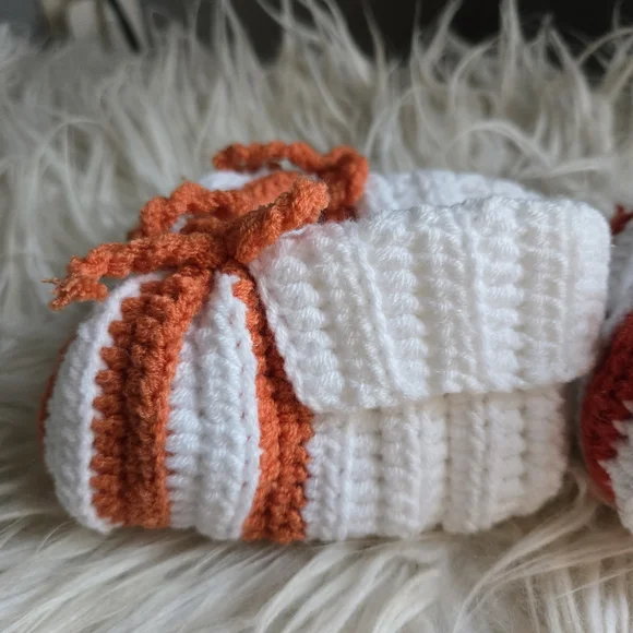 Handmade Knitted Baby Booties - White, Red, and Orange - Picture 2 of 6